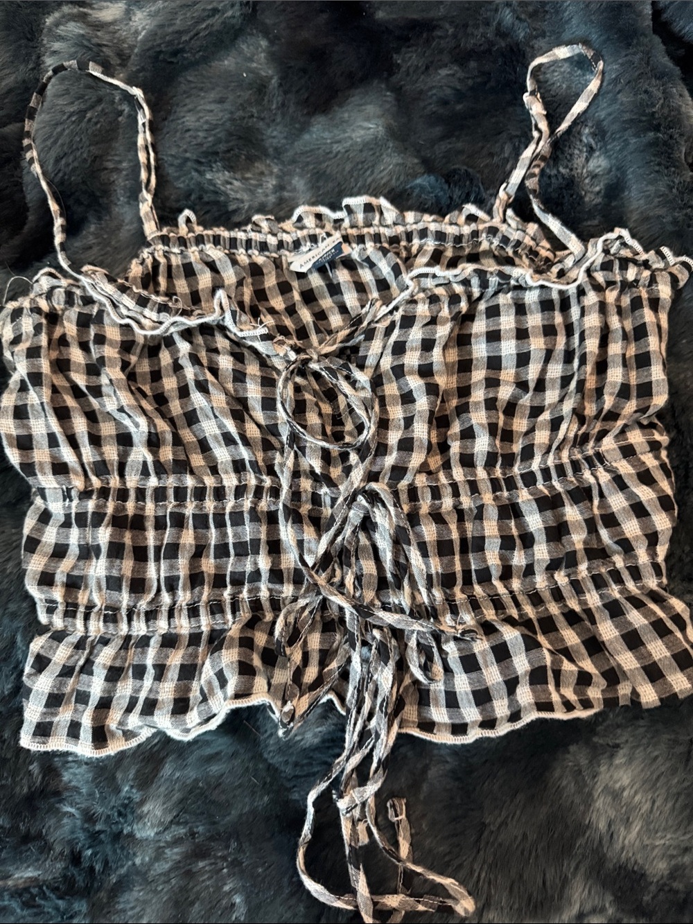 American Eagle Outfitters Black & Cream Gingham Smocked Tie-Front Cami